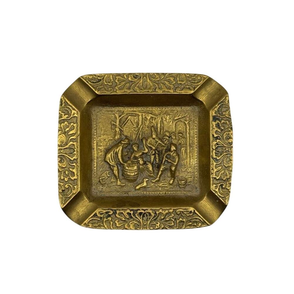 Unbranded Brass Ashtray Embossed Village Scene Floral Border Vintage Tobacciana